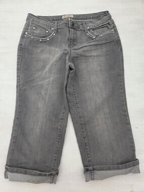 Earl Mid Rise Women's Sz 10 Capris Jeans Cuffed Rhinestones Gray Distressed